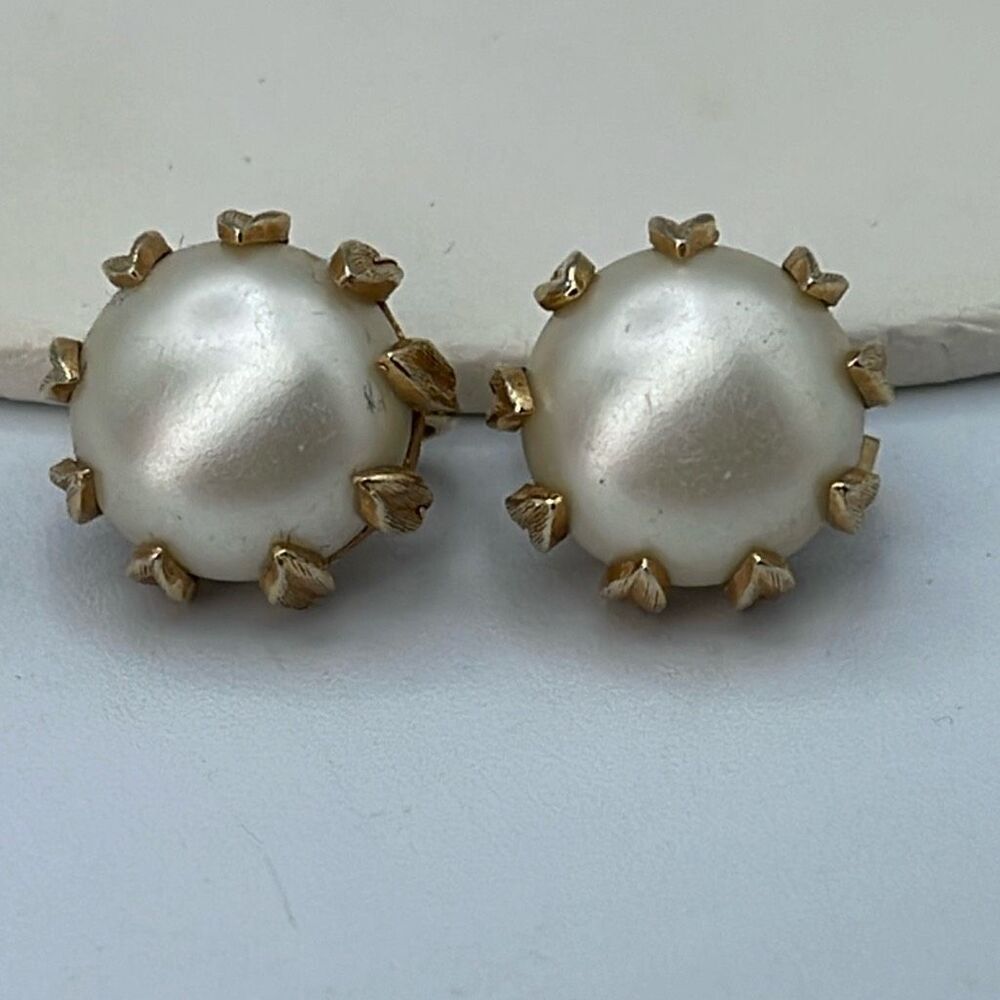 Crown Trifari prong set faux pearl clip earrings